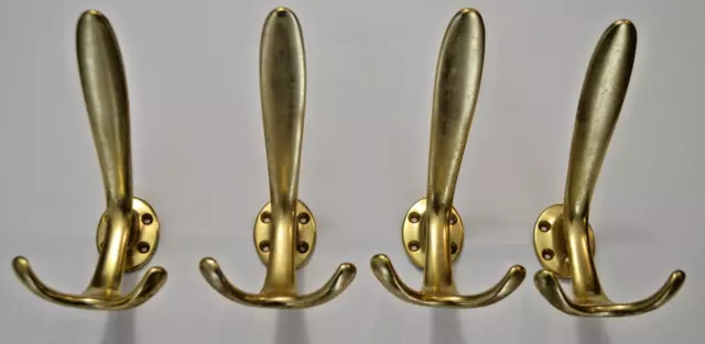 Vintage German Metal Coat Hook Set (4) Vogel Peterson Brushed Matte Brass Finish