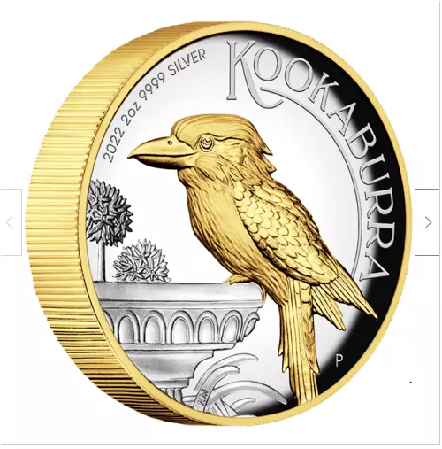 Kookaburra 2022  Australia Perth Mint 2 OZ Silver, Teilvergoldet Silber Münze
