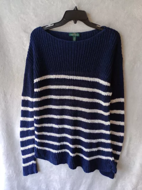 LRL Ralph Lauren Linen Blend Sweater Womens XL Blue Stripes Lightweight Knit