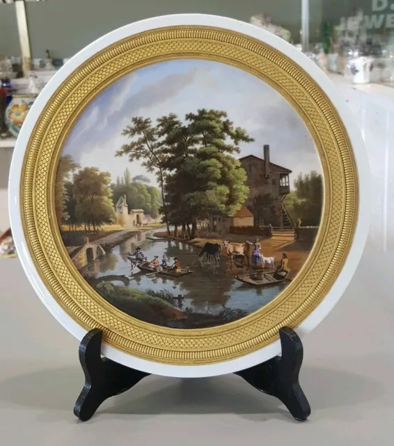 Antique Round Hand Painted Porcelain Plaque With picturesque Scene Gold Gilded