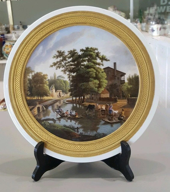 Antique Round Hand Painted Porcelain Plaque With picturesque Scene Gold Gilded