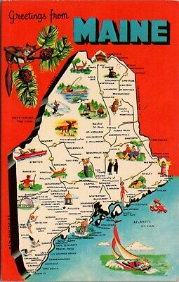 Vintage Greetings From Maine Cartoon Map Pine Tree State Postcard E196