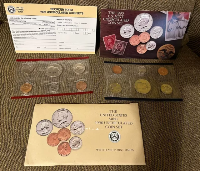 1990 P & D Uncirculated United States 10 Coin Mint Set Original Cello & Envelope