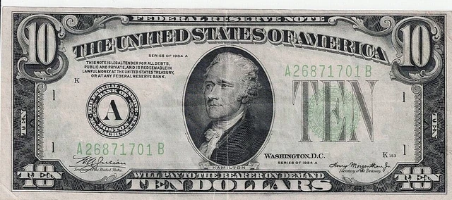 1934 $10 Federal Reserve Note  Green Seal Series A Circulated Free Shipping