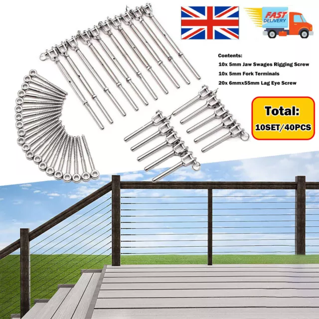 10 Pack Stainless Steel Wire Rope DIY Balustrade Kit Jaw Swage Fork Turnbuckle