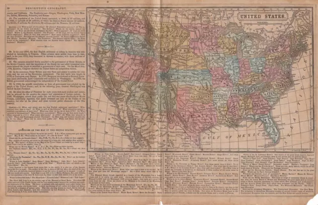 1856 Antique Mitchell's Geography Atlas Map Of The United States-Hand Colored