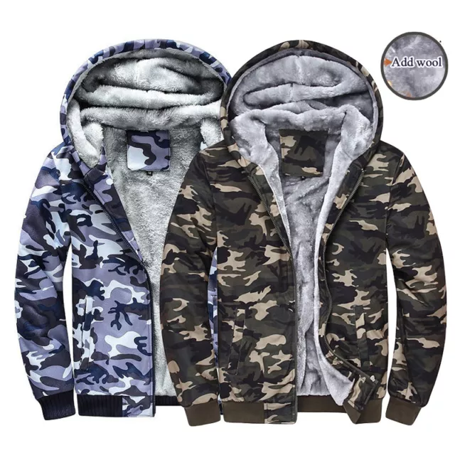 Mens Fleece Fur Lined Hoodie Zip Up Winter Coat Camo Padded Warm Sherpa Jacket