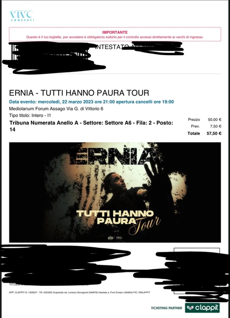 2 BIGLIETTI CONCERTO ERNIA MILANO 22 Marzo Assago Tribuna A6, Posti 13-14 