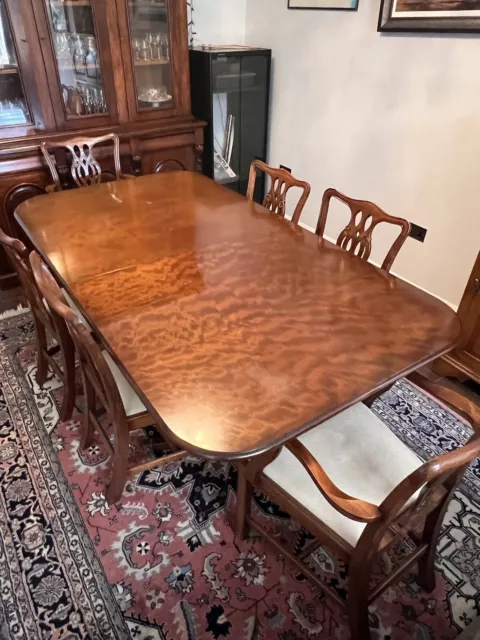 Yew Wood Extendable Dining Table, Six Chairs and Two Carvers