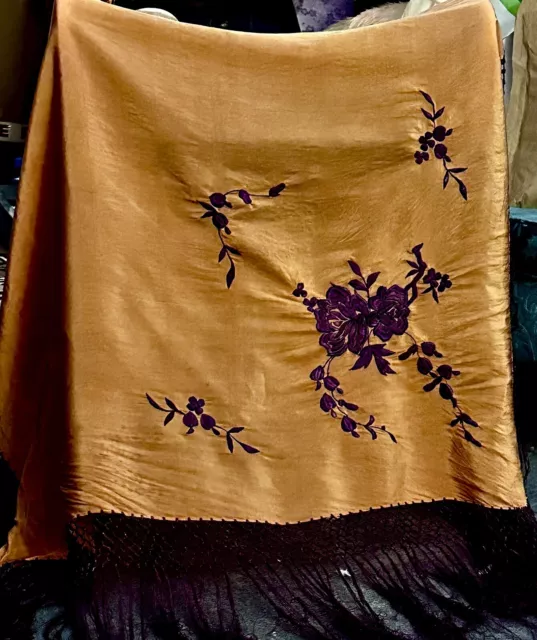 An Antique  Coral And Purple Silk  Fringed Embroidered Shawl