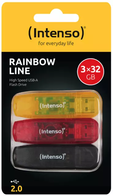 Intenso USB Stick 32GB Speicherstick Rainbow Line gelb, rot, schwarz 3er Pack