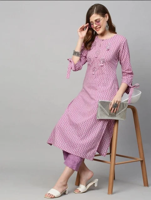 Indian Handmade Purple Rayon Printed Straight Kurti With Pant Women Salwar Suit
