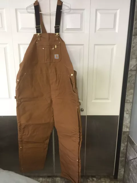 CARHARTT DUCK BROWN INSULATED BIB OVERALLS QUILT LINED ZIP TO THIGH 54x32 / t9