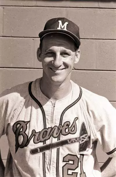 Closeup portrait of Milwaukee Braves Warren Spahn during spring tr - Old Photo