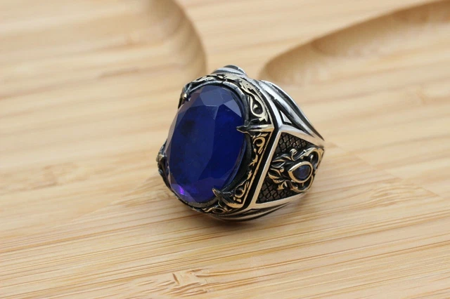 Bague pour homme en saphir faite à la main en argent sterling 925 avec... 3