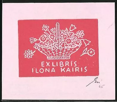 Exlibris von Franz Grickschat für Ilona Kairis, Korb voller Blumen