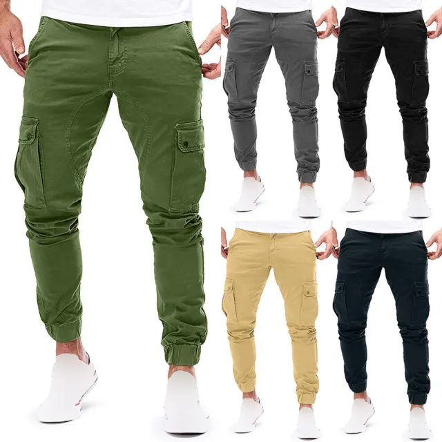 Mens Skinny Slim Cargo Pants Pockets Stretch Combat Casual Work Joggers Trousers