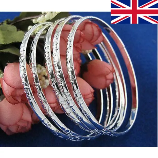 5Pcs 925 Silver Filled Carving Cuff Bracelet Bangle Jewelry Sets For Womens XMAS