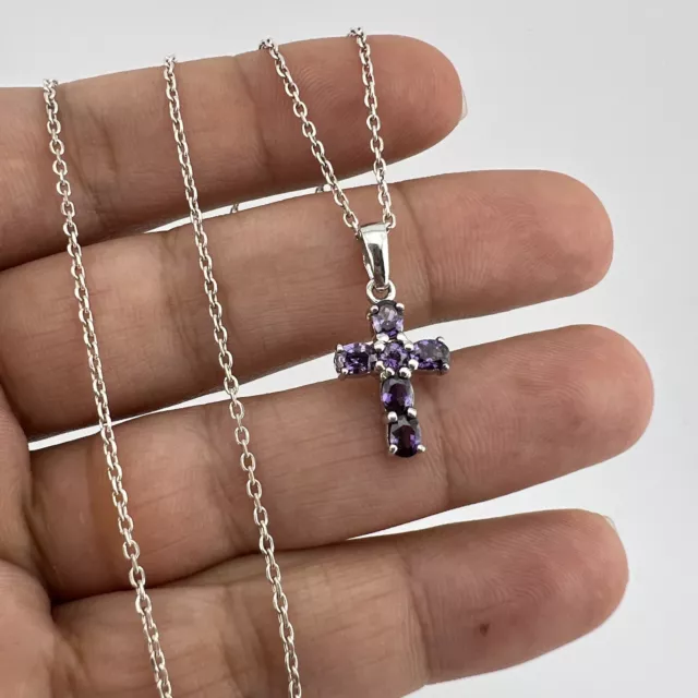 Sterling Silver 925 Religious Purple Gemstone Cross Pendant 50cm Necklace 4.7g