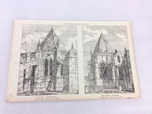 1883 original Architects print - lincoln cathedral - southwell minster