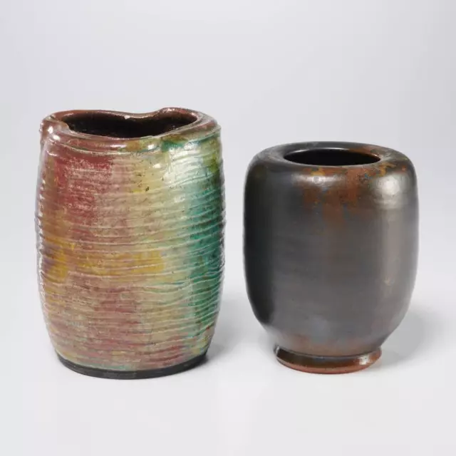 Studio Art Raku Pottery Multicolor Black Pot Vessel Vase Pair 4.5"h 5.25"h