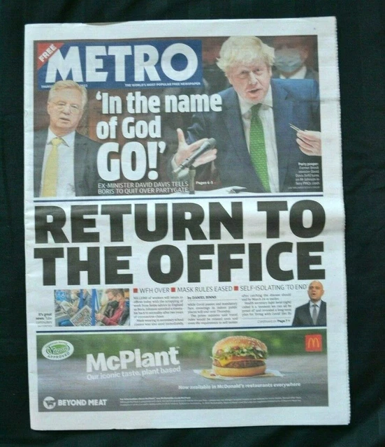 THE UK METRO Newspaper 20/01/22 January 20th 2022 Return to the Office