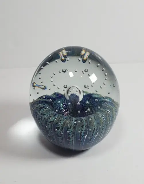 VTG Art Glass Paperweight Signed Eickholt 1993 Water Drop Blue/Green & Bubbles