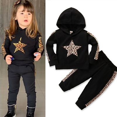 UK Baby Kids Girls Leopard Hooded Tops Pants Outfits Clothes Set Toddler