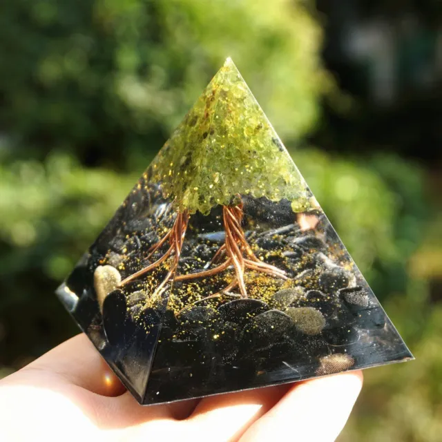 Tree of Life Orgonite Pyramid Obsidian Peridot Gemstone Orgone Reiki Energy Heal