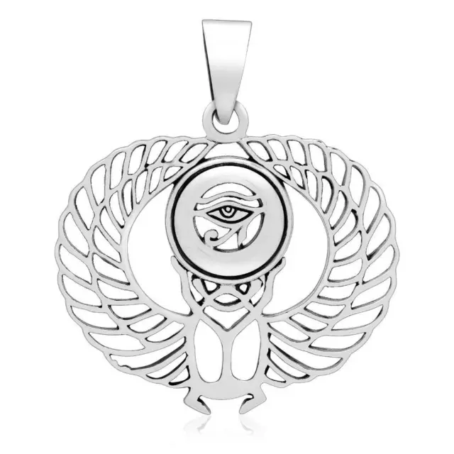 925 Sterling Silver Egyptian Eye of Horus Sacred Scarab Winged Charm Pendant