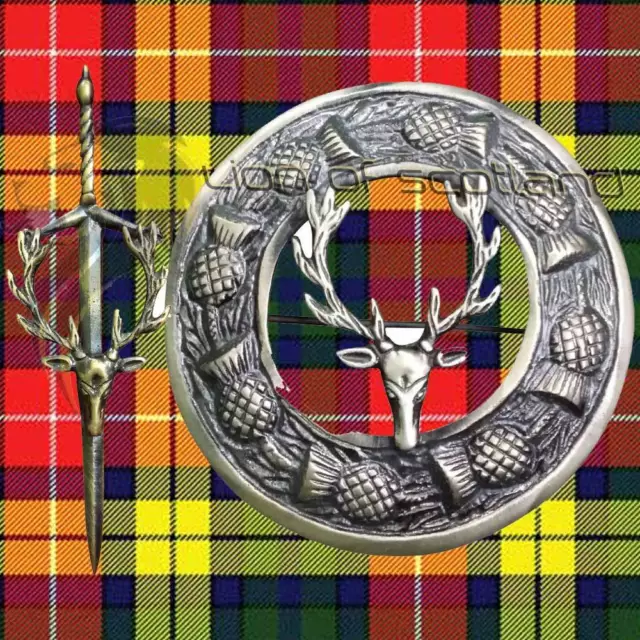 Scottish Kilt Fly Plaid Pin Brooch Stag Head 3" Antique Highland Celtic Pins 4"