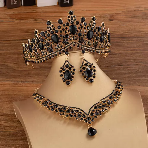 Baroque Gold Color Black Crystal Bridal Jewelry Sets Tiaras Crown Jewelry Set