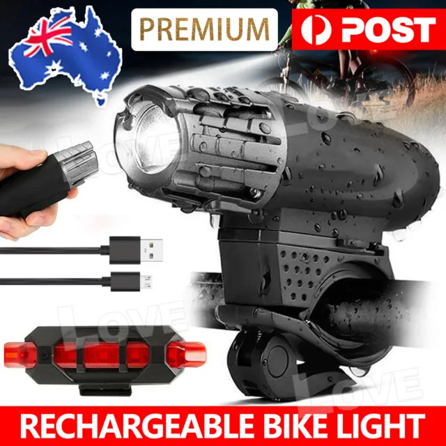 Rechargeable LED Bike Bicycle Light USB Cycle Front Back Waterproof Headlight