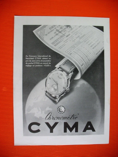 Publicite De Presse Cyma Montre Chronometre Concours De Neufchatel Ad 1949