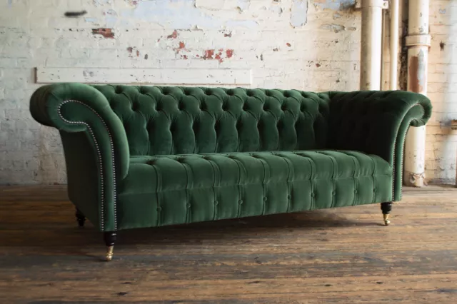 Handmade 3 Seater Bottle Green Velvet Fabric Chesterfield Sofa Style Couch