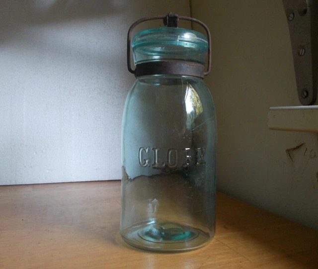 Aqua Globe Quart Fruit Jar With Original Closure & 1886 Glass Lid Nice