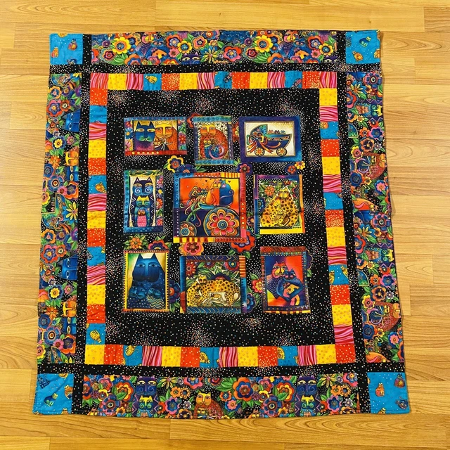 Laurel Burch Handmade Reversible Blanket Quilt Crib Lap Mulitcolor Cats Geckos