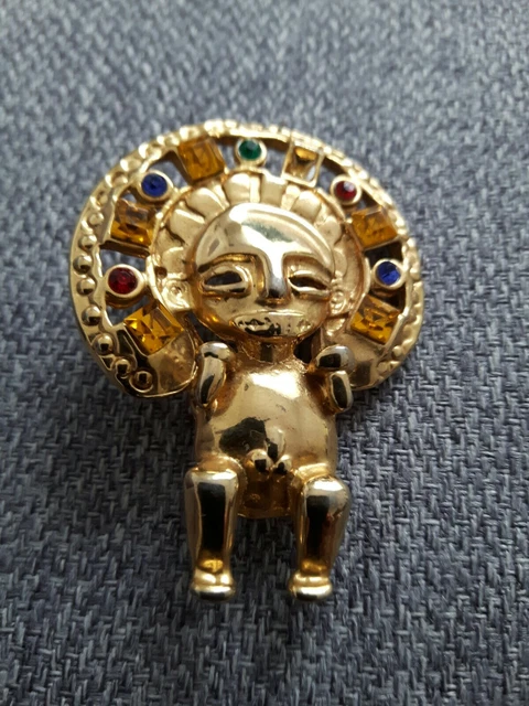 Broche En Métal Doré Avec Pierres Dures Bleues – Bijou Fantaisie Occasion, Style Vintage, Parfait Pour égayer Un Vêtement