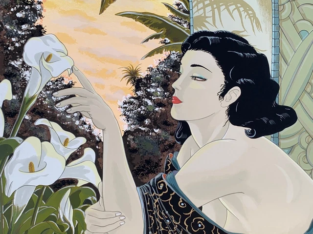 MURAMASA KUDO SIGNED UNFORGETTABLE JAPANESE SILKSCREEN PAINTING WOMAN w TULIPS MURAMASA KUDO SIGNED UNFORGETTABLE JAPANESE SILKSCREEN PAINTING WOMAN w TULIPS