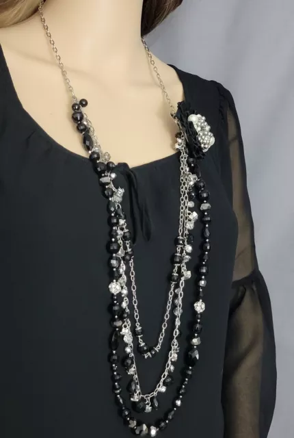 White House Black Market Multi Strand Black Beaded Layered Chain Necklace 36-42"