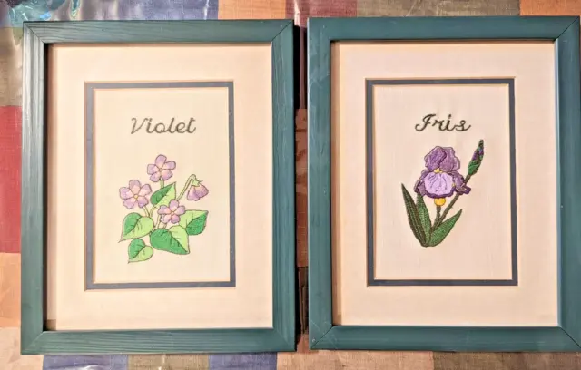 Par de imágenes florales bordadas credela enmarcadas violetas e iris 11"" x 9"" de colección