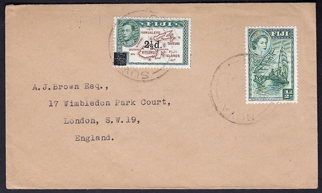 0269 - BRITISH FIJI 1950's KGVI SURCHARGE + QEII MIXED FRANKING SUVA TO LONDON