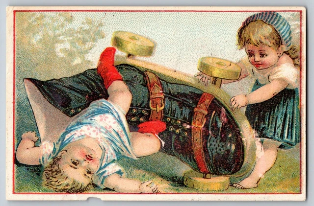 Milton H. Daggett Shoes Boots  (Lowell, MA) Victorian Trade Card Kids Crash Ride