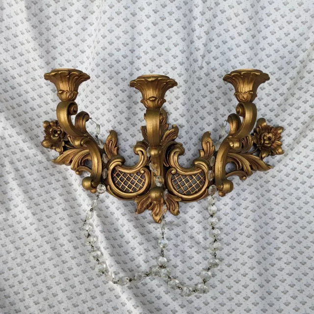 Vintage Gold Resin Wall Sconce Candle Holders Crystals Three Taper Openings EUC