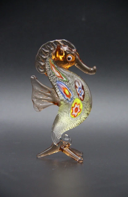 Miniature Hand Blown Glass Seahorse with Millefiori and Irridescent Fleck
