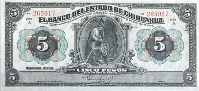 México 5 Pesos a/Unc Paper Banknote 1913, CHIHUAHUA-Series A 265917.