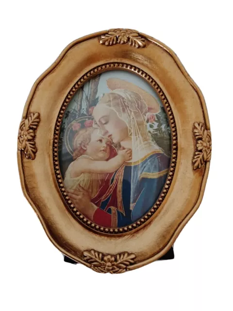 VTG 1990 Mini Religious Framed Art Print Madonna & Baby Jesus Oval Gold-Leaf...