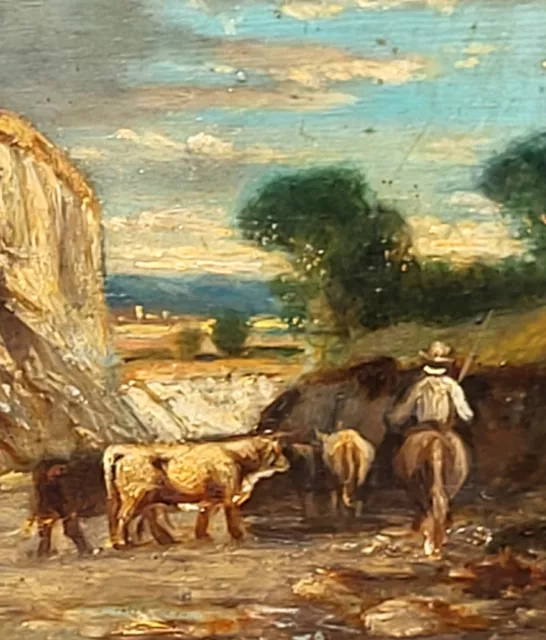 Tableau ancien signé . Berger Vaches . Peinture huile sur panneau de bois  XlX°