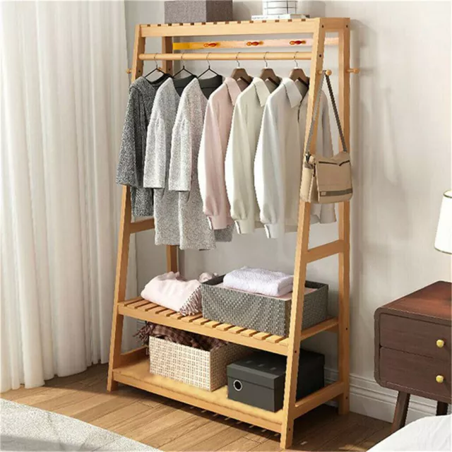 Bamboo Clothes Rail Garment Rack Hanging Stand Coat Wardrobe Storage Shelf UK
