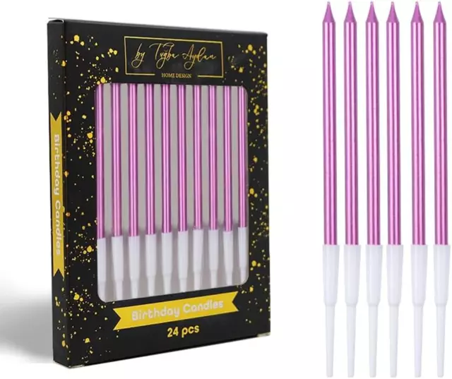 Birthday Candles - 24 Count Long Thin Pink Birthday Candles for Cake, Metallic C